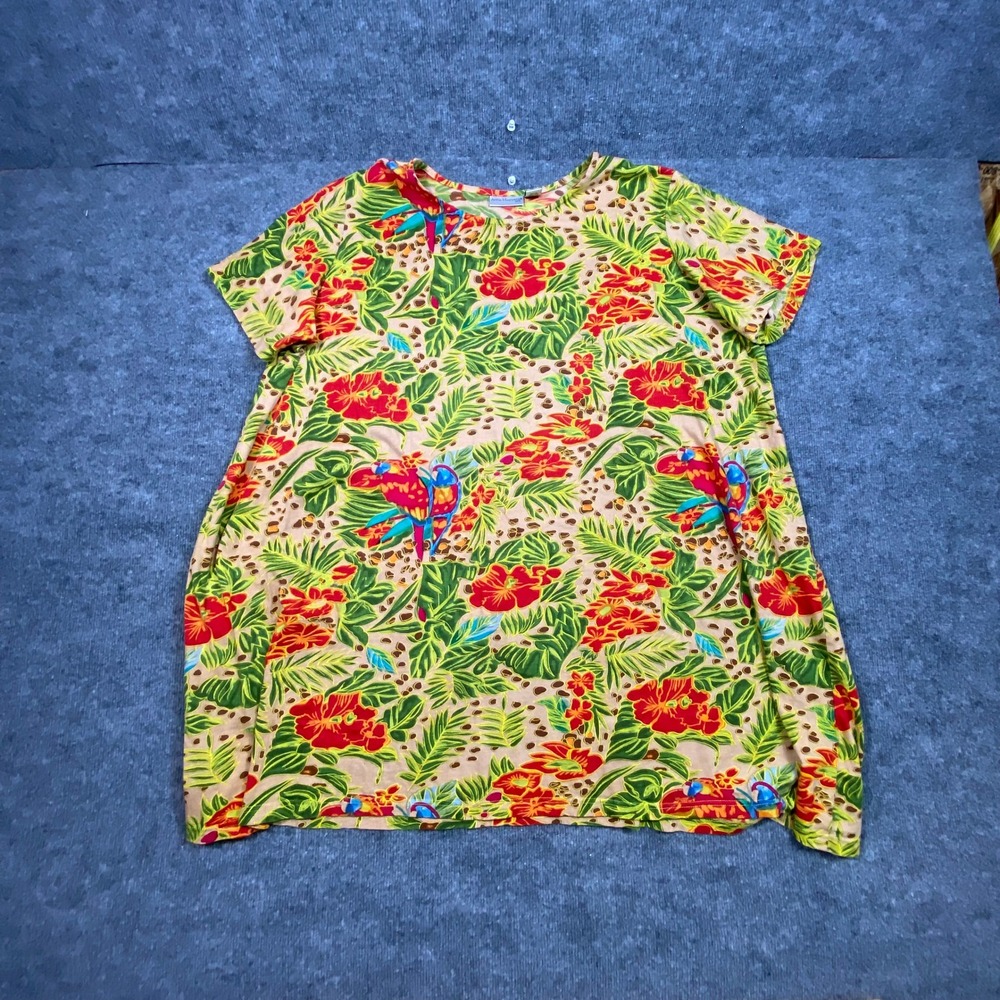 Anna Maxwell Petite Tropical Parrot Hibiscus Cotton Knit Top 3XWP 26WP/28WP Tan